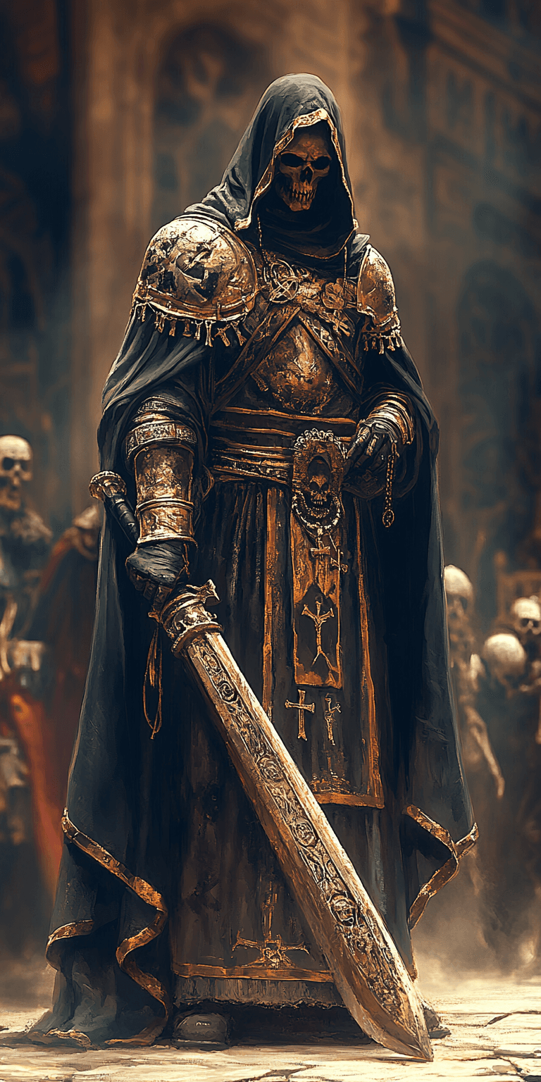 AI generated: painting in the style of a dark fantasy artist of the grim reaper fighting in full plate armor, swin...