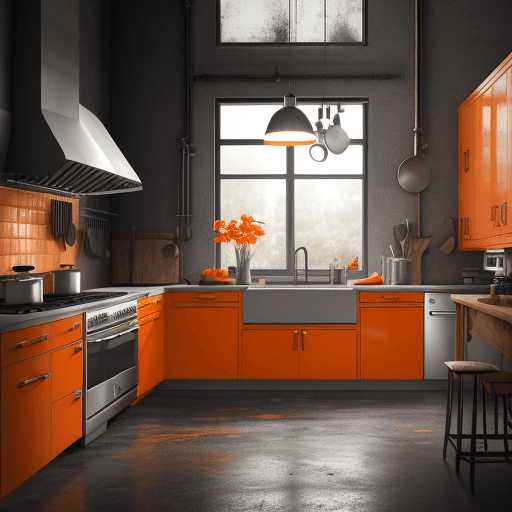 AI generated: an industrial kitchen in chaos , There is parquet on the walls, scoops and spatula-like items are ha...