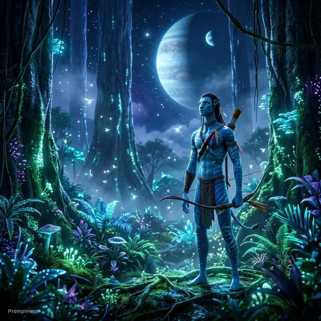 AI generated: create an ultra realistic poster of Pandora's flora and fauna emit a supernatural glow casting a mes...