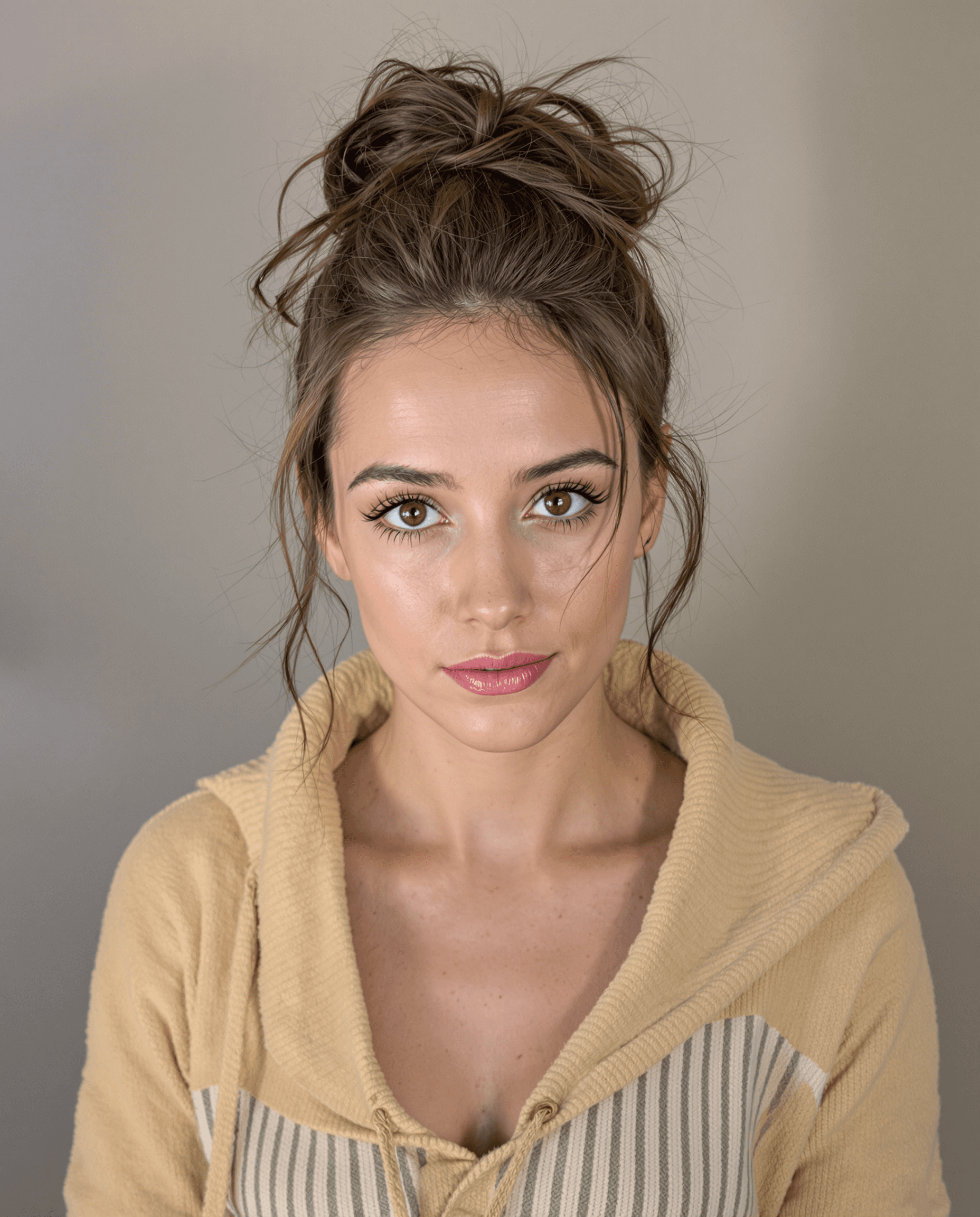 AI generated: high-resolution upper-body front-view portrait of a keeley hazell, with dark brown hair messy hair b...