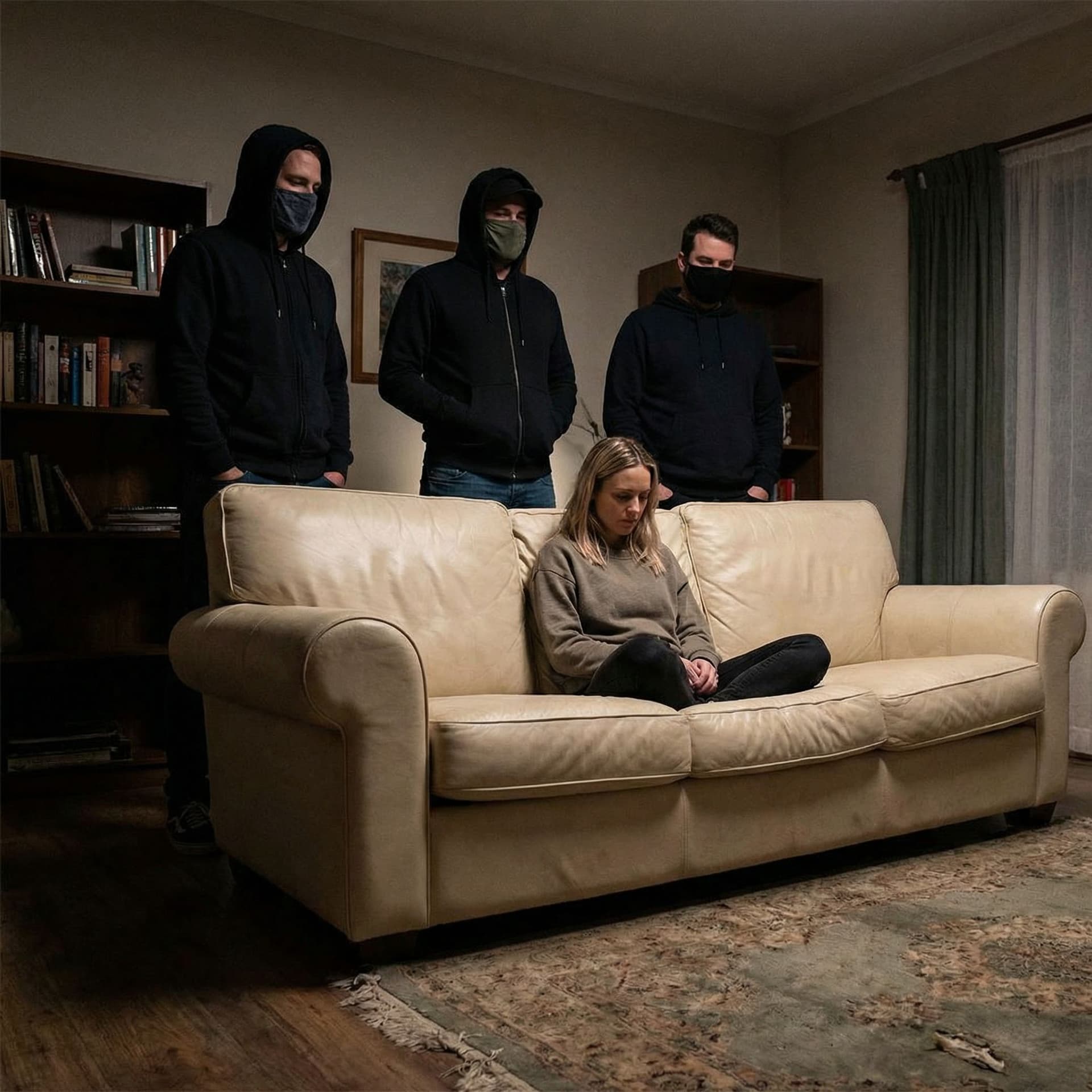 AI generated: 3 men in masks Standing behind a woman who is sitting on a white couch
