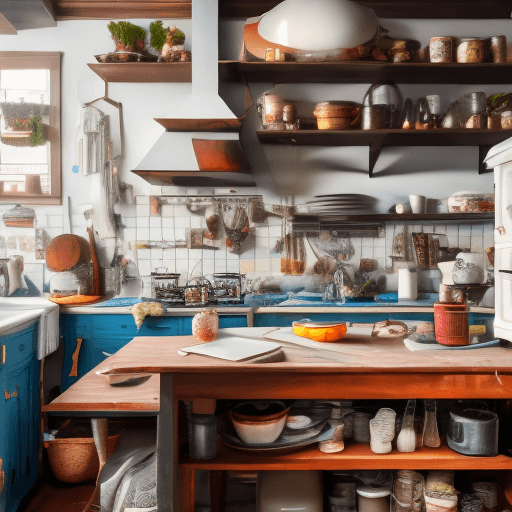 AI generated: Initial panorama of a cluttered kitchen counter near a gas stove with ordinary items; interior desig...