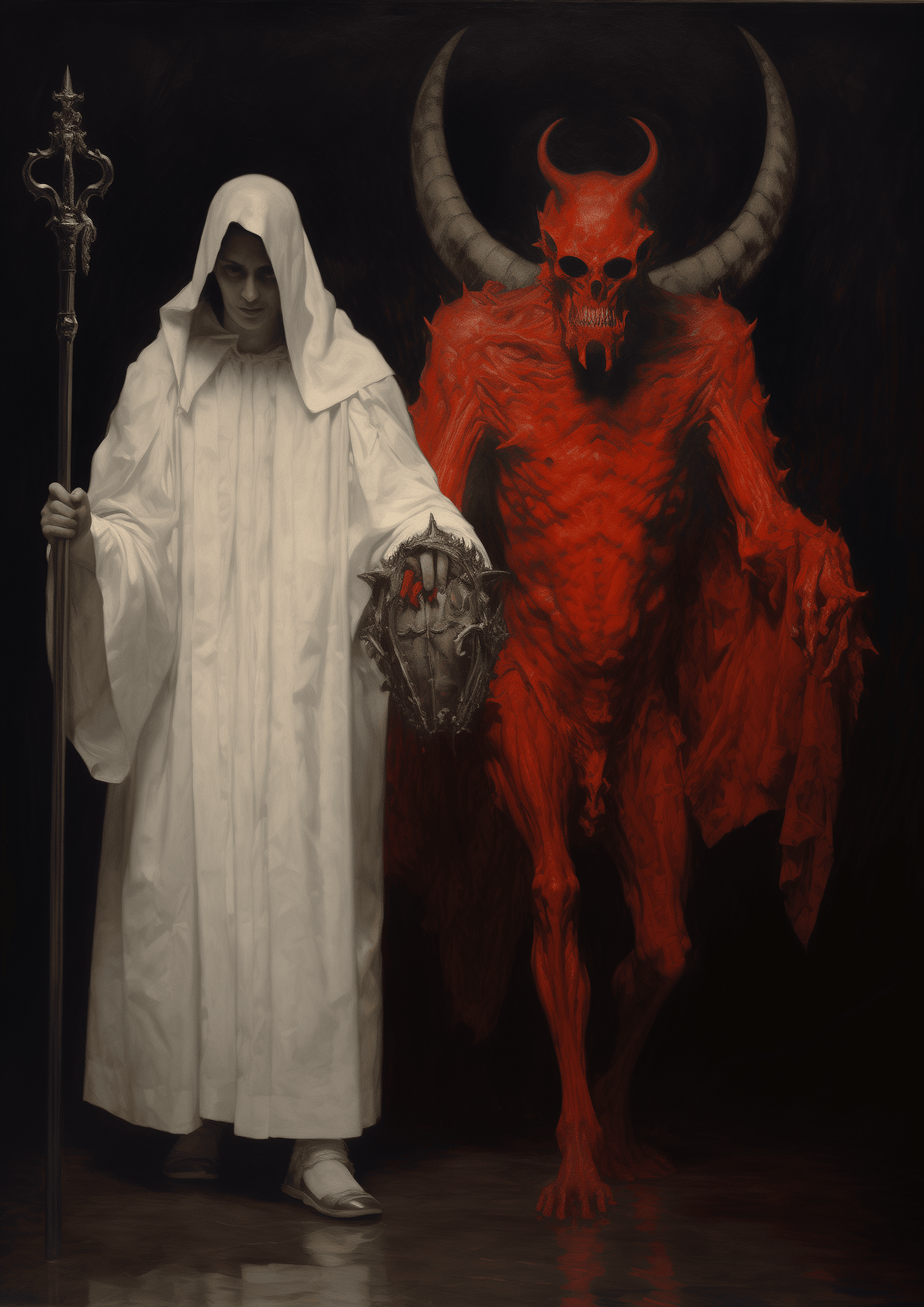 AI generated: A red devil with horns, wearing a white cloak and walking next to an angel in grey robes in the styl...