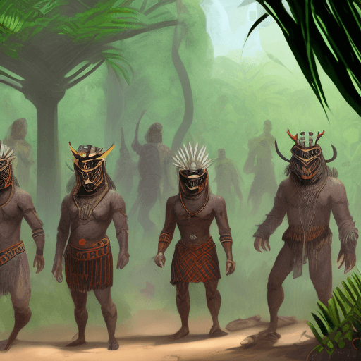 AI generated: High resolution concept art of villagers wearing futuristic tribal masks in a science fiction settin...