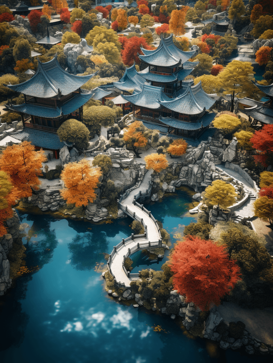 AI generated: chinese garden,Aerial view,majestic,there are mountains and rivers and waterfalls and water elements...