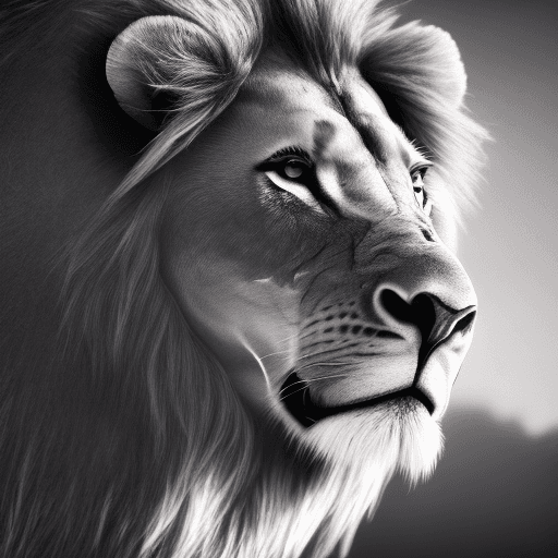 AI generated: Photo of a ultra realistic grieving lion, dramatic light, pale dark b/w, cinematic lighting, battere...