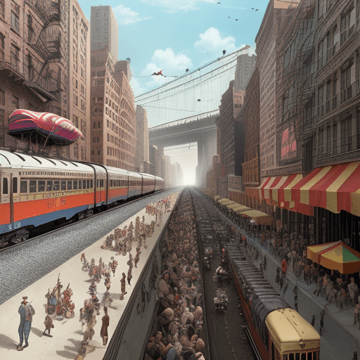 AI generated: Hyper realistic   New York city 1930s color street life train on building cars on elephants donkey r...