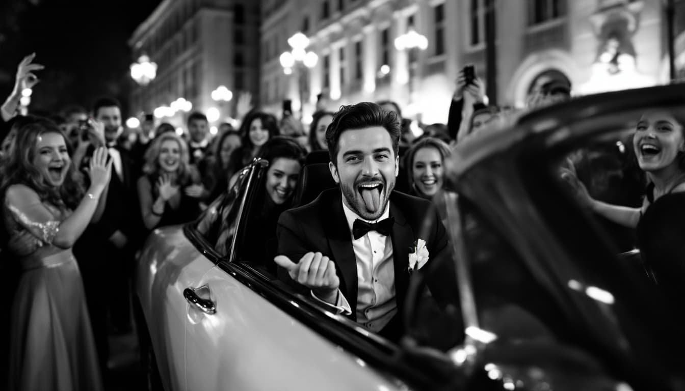 AI generated: A black-and-white scene capturing the lively atmosphere around the iconic moment of the man playfull...