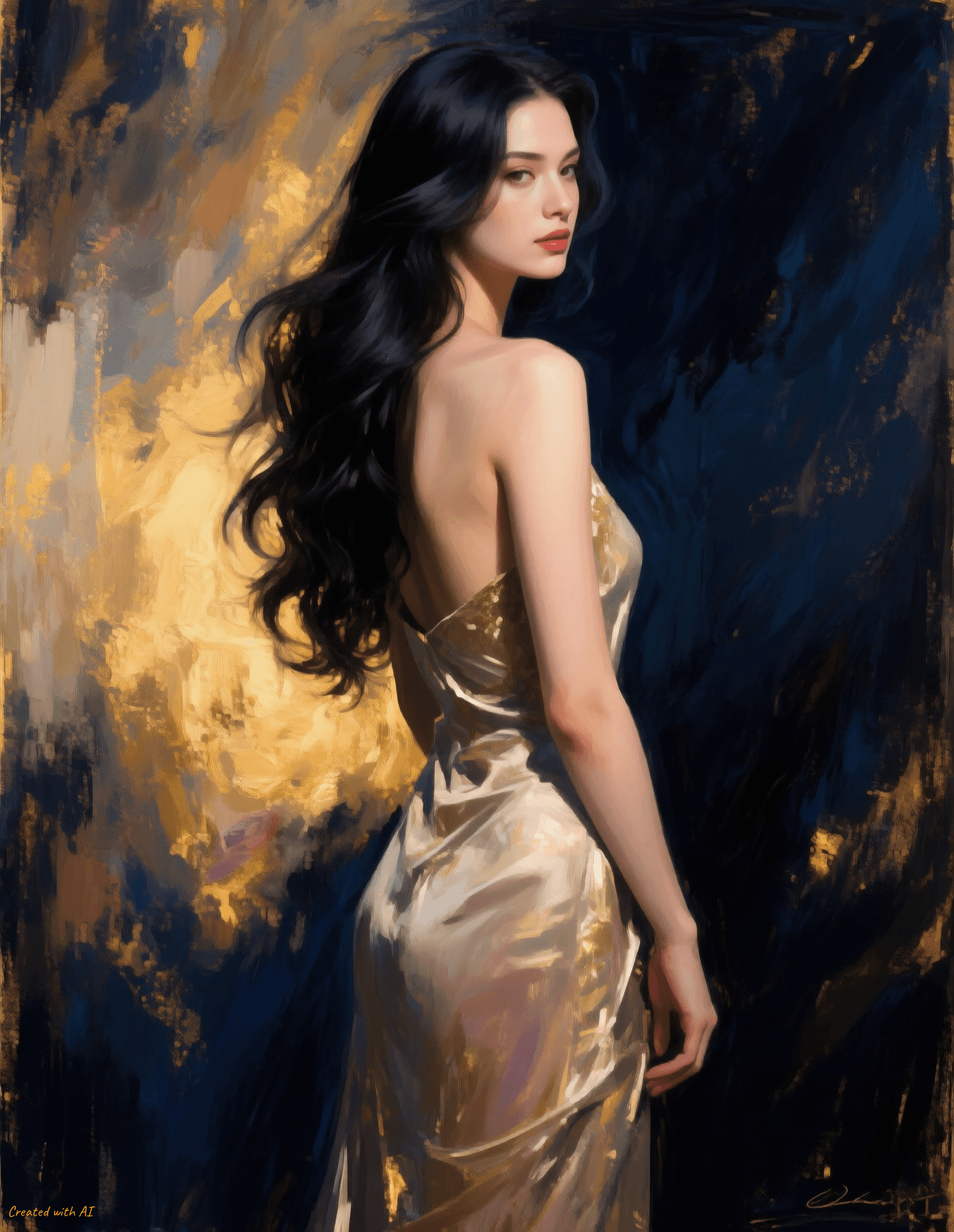 AI generated: **Subject:**
A woman is the central subject of this impressionist oil painting. She stands with an ...