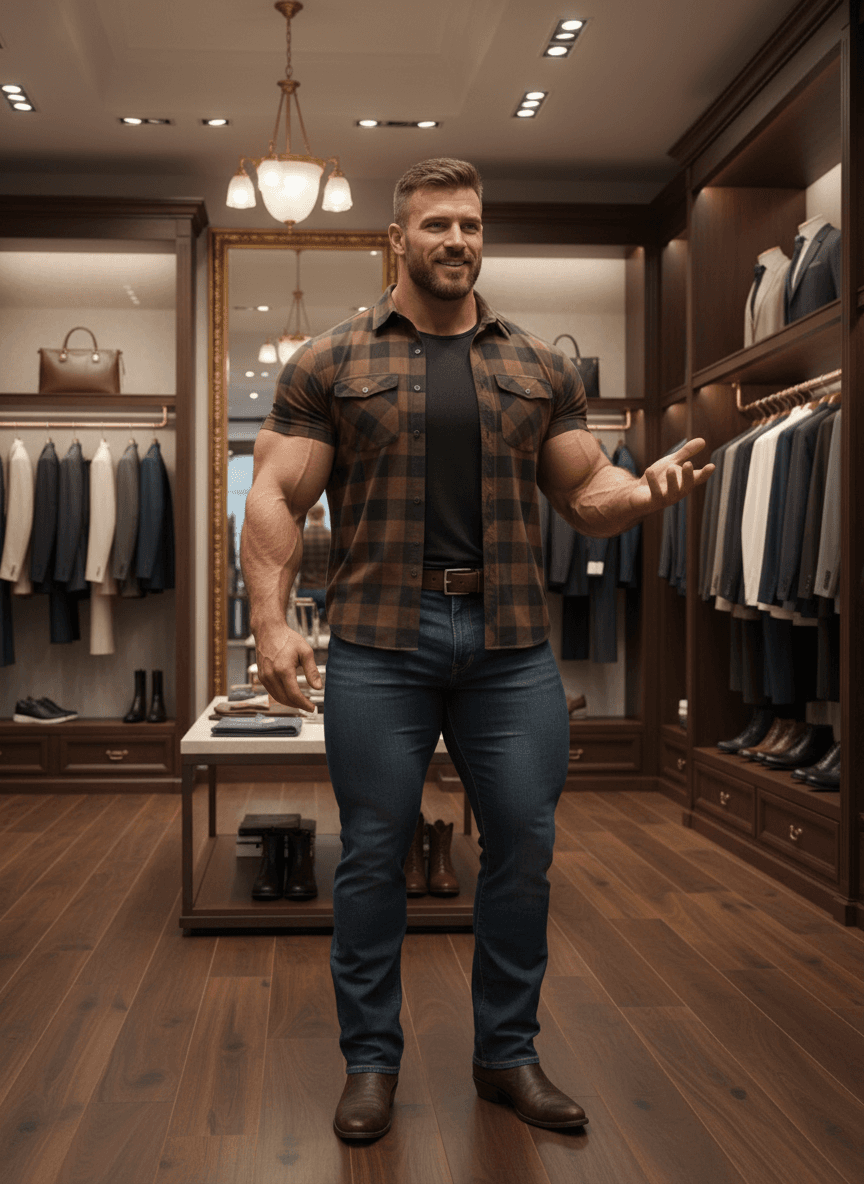 AI generated: At a very luxurious clothing store. The bodybuilder is wearing a dark brown lumber-jack shirt short ...