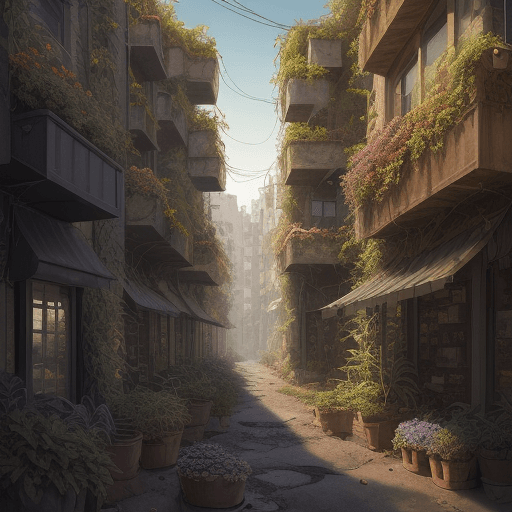 AI generated: comic style image, a dark  town covered by vegetation. The roots of trees and plants break through t...