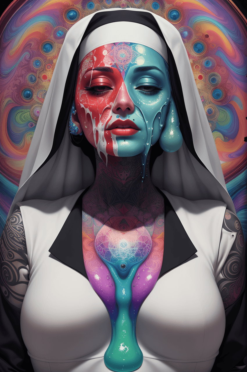 AI generated: Aunt, (melting skin), sacred geometry, surreal futurism, Shamanic Tattoos, ((psychedelic colors)), c...