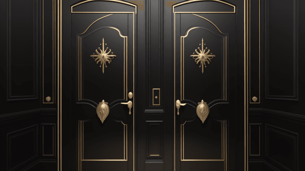 AI generated: a symmetrical double black and golden aesthetic door fixed in black walls