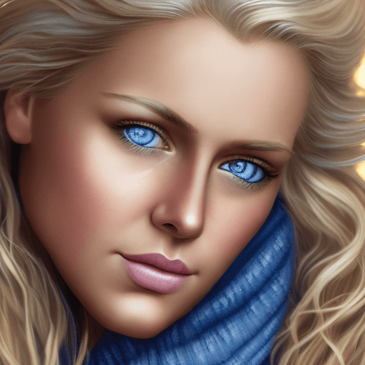 AI generated: A close-up portrait of a woman with blonde hair and blue eyes, facing the camera directly. Soft side...