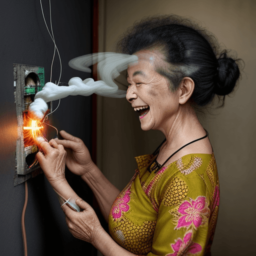 AI generated: 
a 70 year old woman wearing a batik dress and sarong was touching an electrical switch on the wall ...