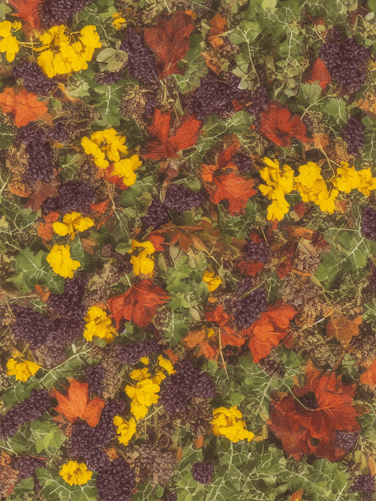 AI generated: (((Autumn Rowan Berries and Leaves, grass, oak acorns and leaves, juniper Berries and Leaves, ivy, m...