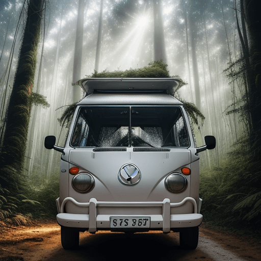 AI generated: A raw photograph capturing a white VW T4 with a high roof nestled in a forest. The view is centered ...
