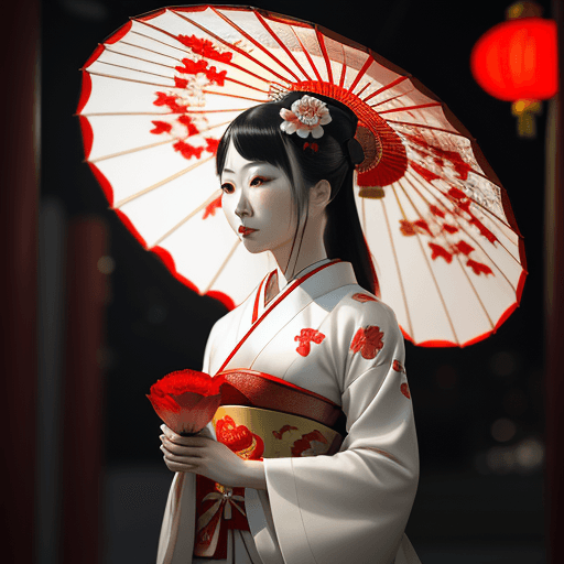 AI generated: a geisha stands in a red flower surrounded street, in the style of chinese cultural themes, romantic...