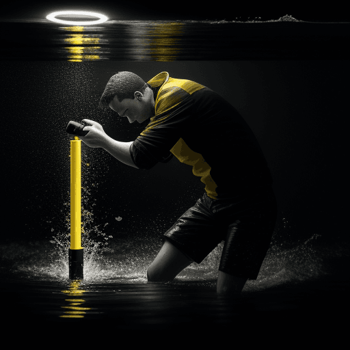 AI generated: A man searching for his way through an inch of water with an unlit flashlight  . hyper realism, high...