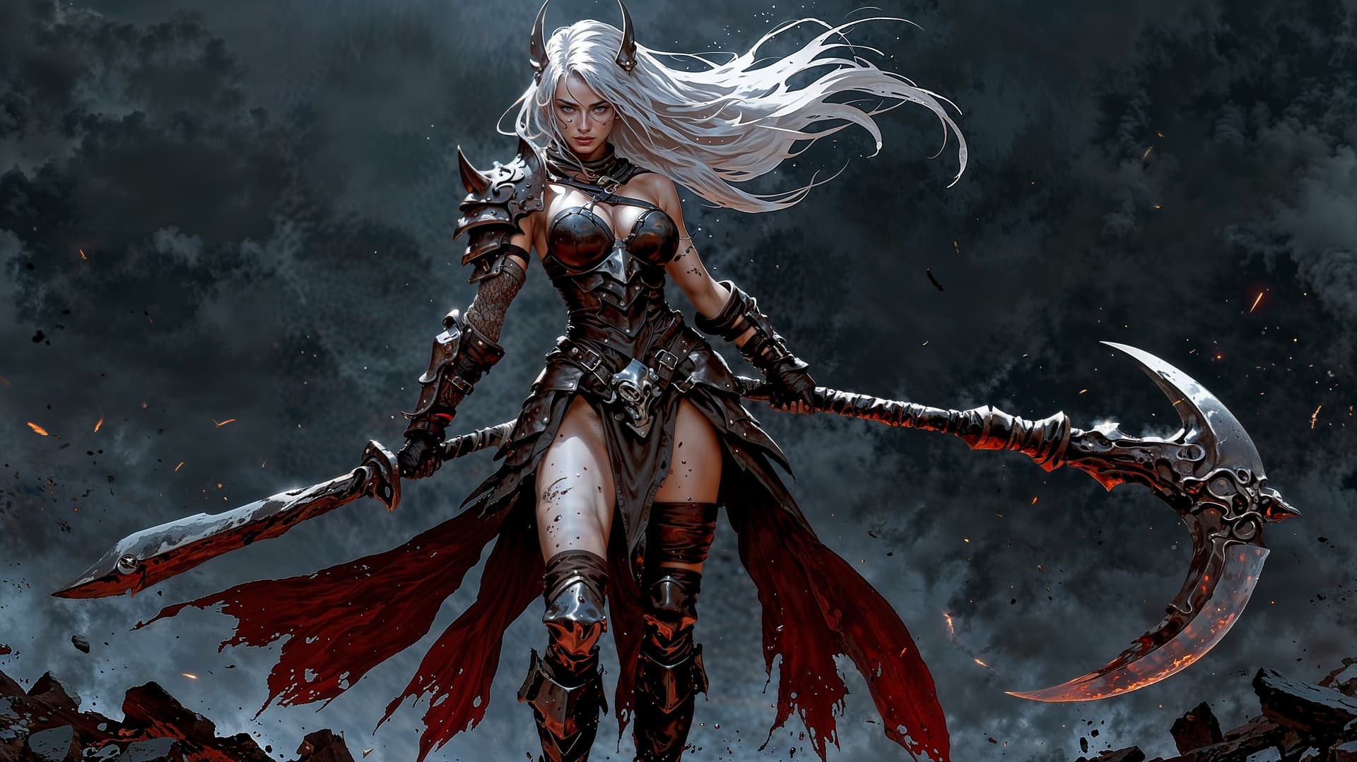 AI generated: High-resolution, digitally created image of a fierce female warrior in a fantasy setting. The layout...