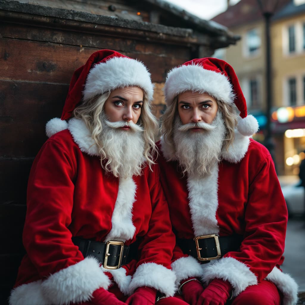 AI generated: Two female male Santa Claus criminals strong  wearing  Santa Claus suit  in light red color in day t...