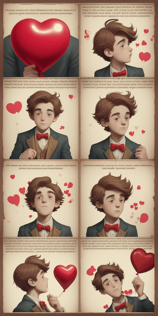 AI generated: a poster depicts a boy holding a heart shaped balloon, in the style of sketchfab, poodlepunk, warm t...