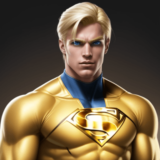 AI generated: male superhero named champion blond hair, gold suit
