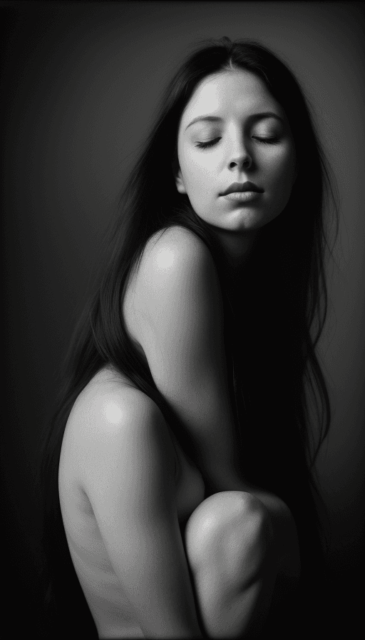 AI generated: Black and White, A soul-stirring  portrait of a woman, long dark hair, her grace enhanced by the sof...
