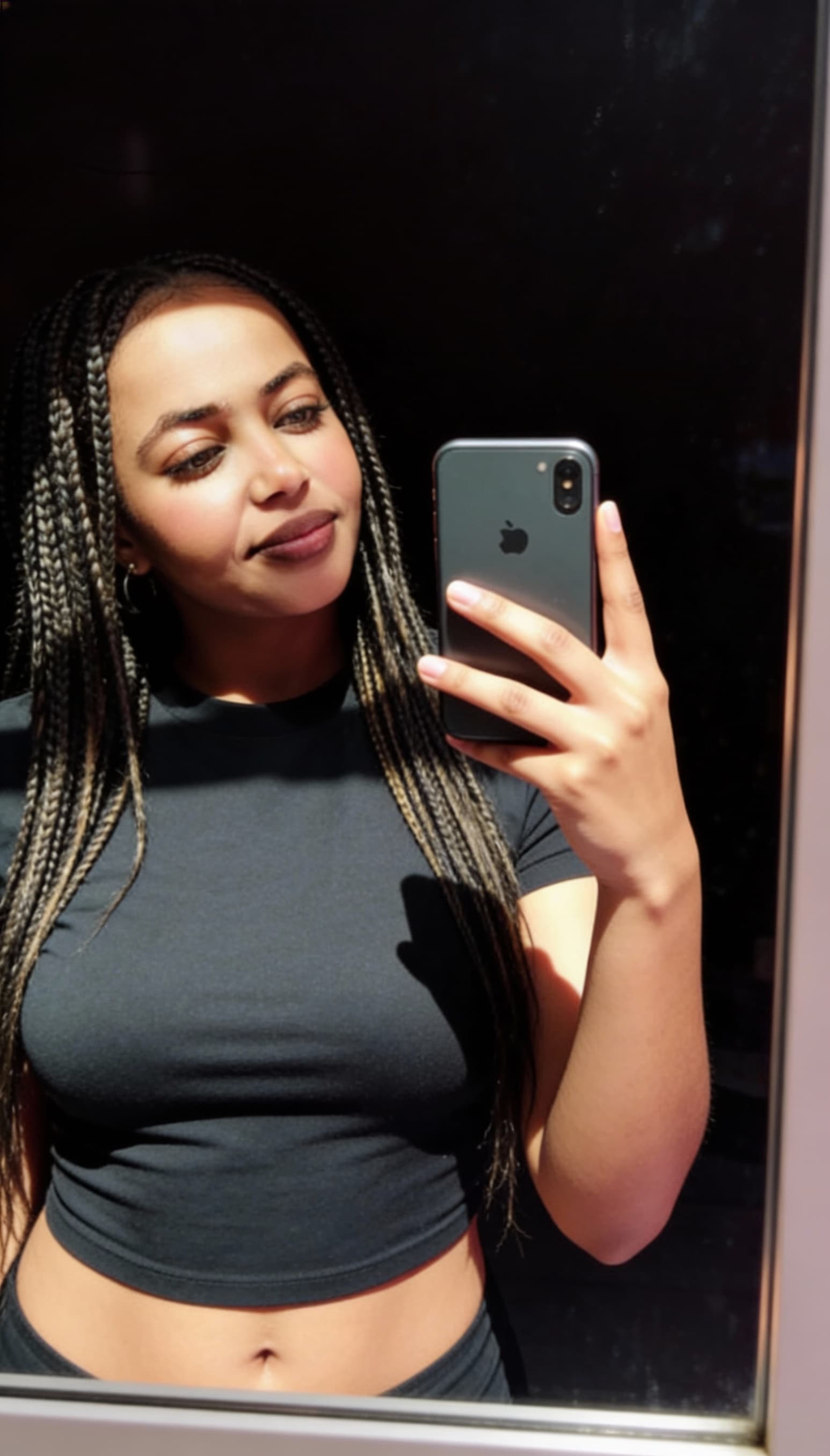 AI generated: A beautiful,body stands in front of a mirror, holding an iPhone.