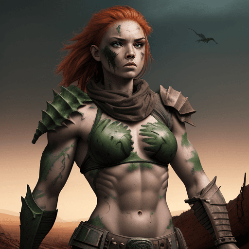 AI generated: Warrior Girl, Battle scars, defined abs, Strong Arms, Dinosaur Bones Weapons, apocalyptic Background...