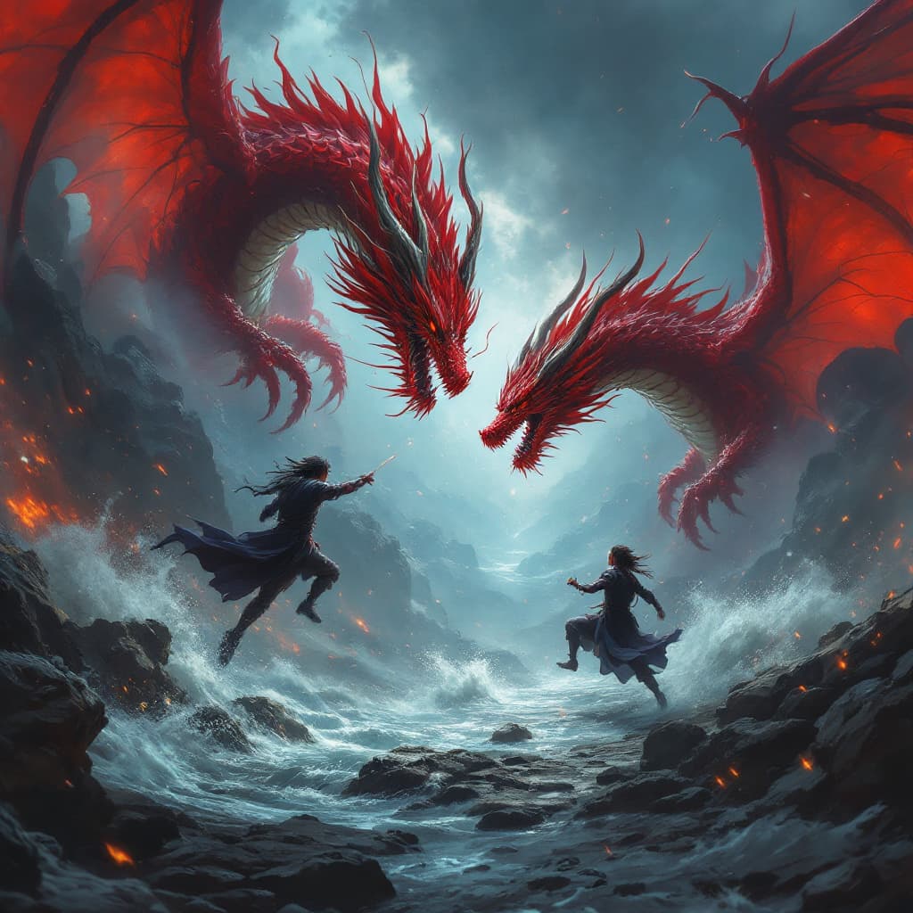 AI generated: Dragon fight scene Quality:(Quality, 4k, High Definition, Masterpiece: 1.2), Very Fine, (Fantasy Art...