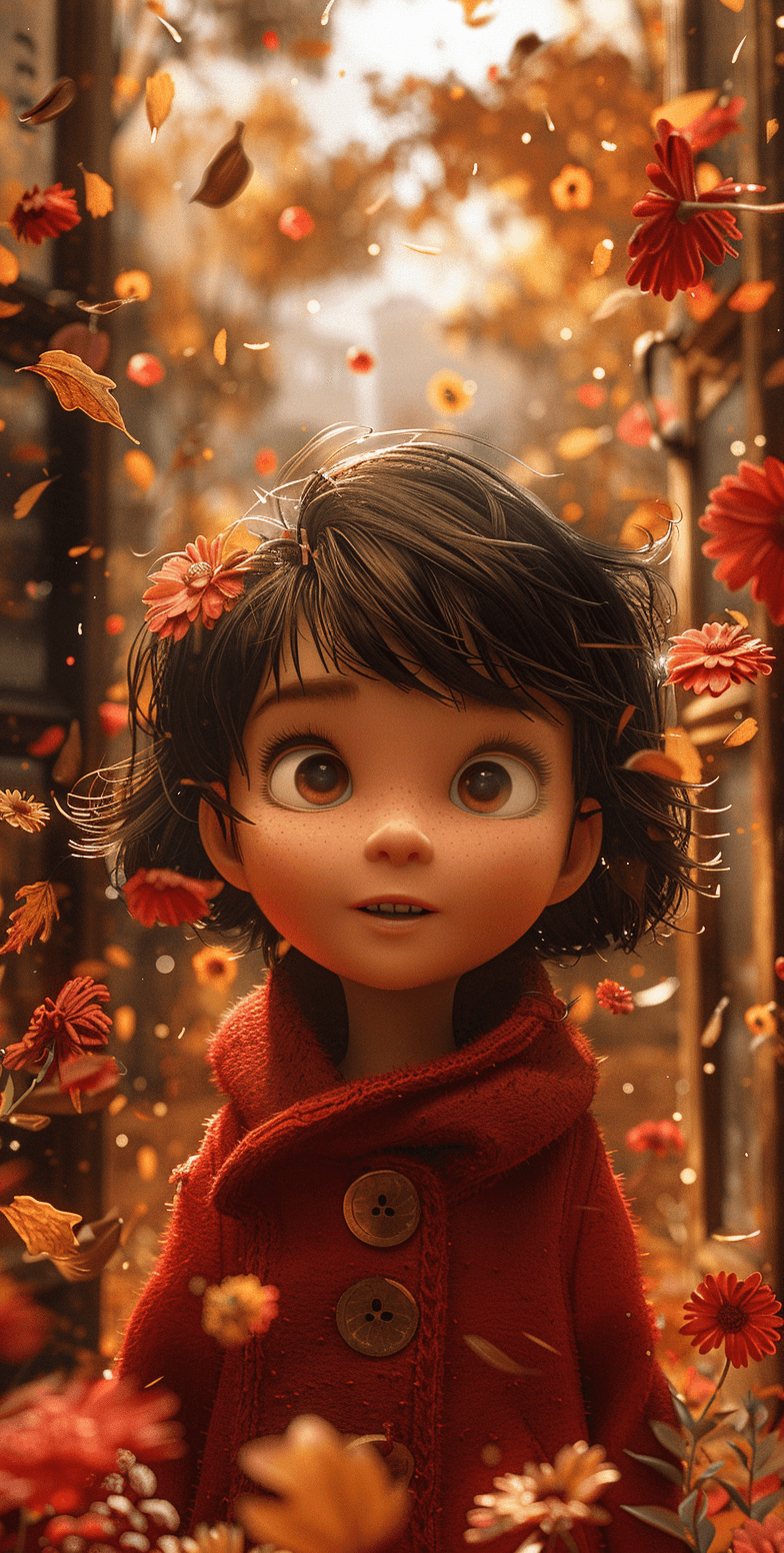 AI generated: A little girl with short hair and wearing a red wool coat stands in front of a door, with autumn lea...