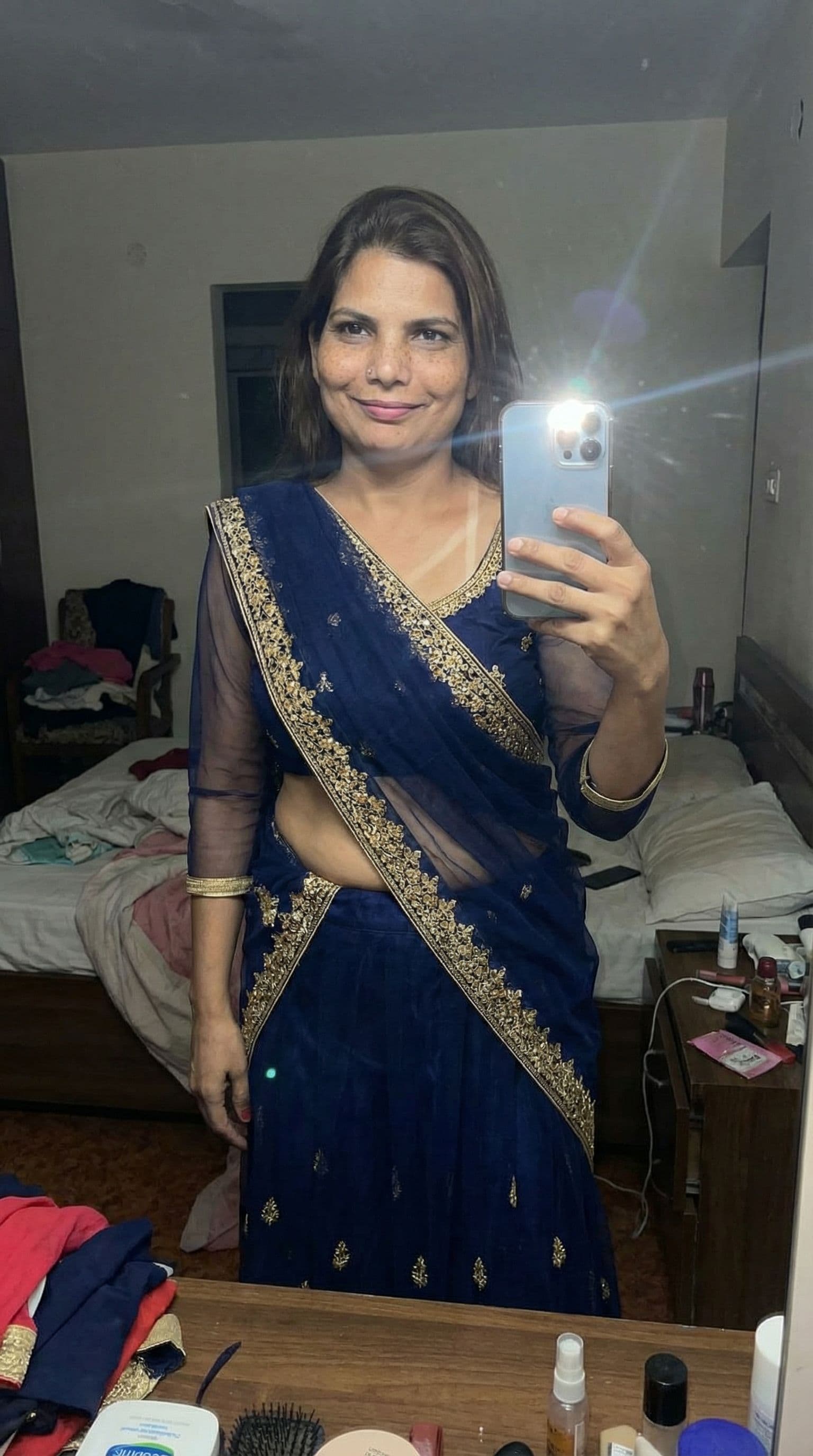AI generated: Ultra realistic, mirror self shot picture, iPhone 13 Pro, slight camera flash, high quality image, s...