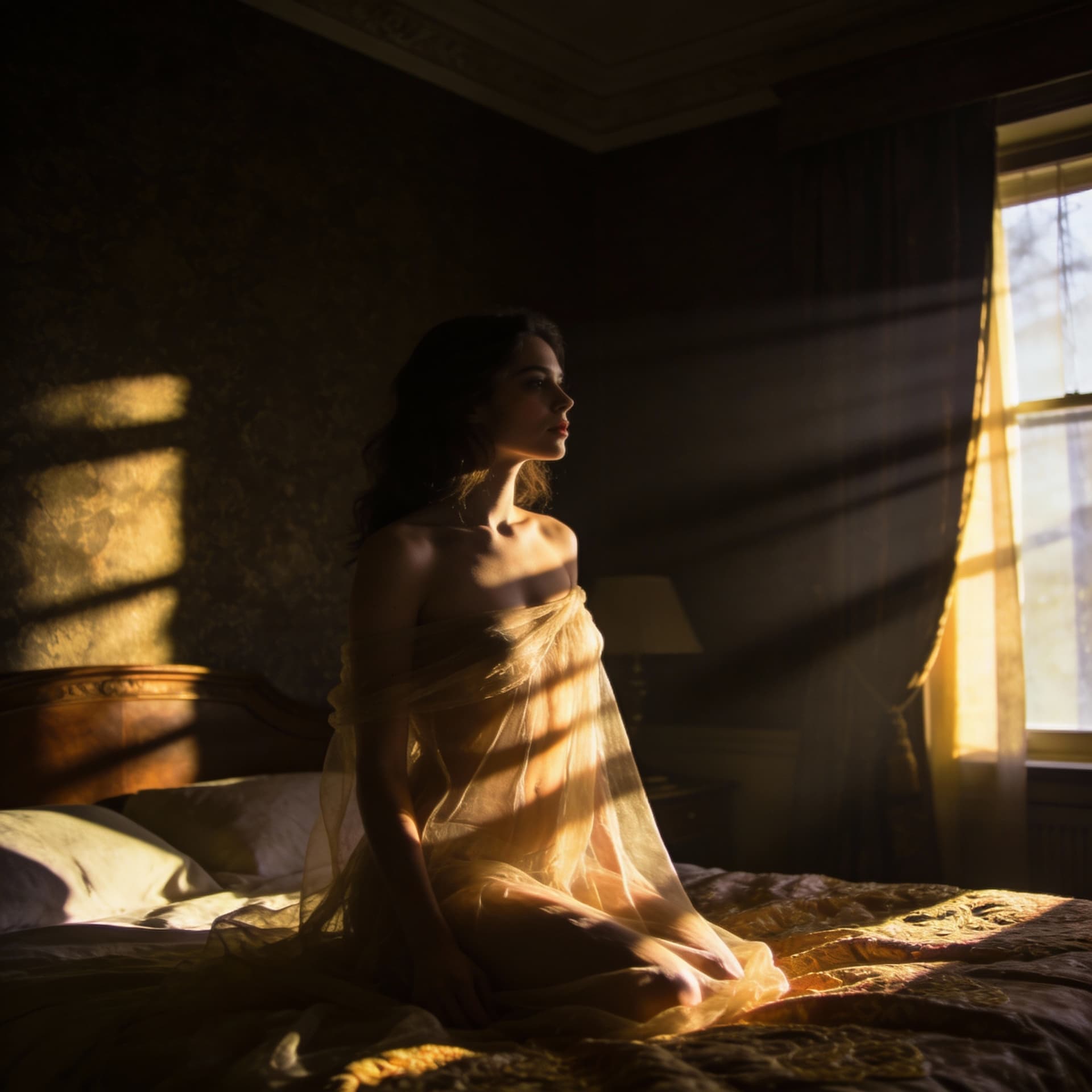 AI generated: The setting is a dimly lit room, reminiscent of a classic European hotel with deep, moody tones and ...