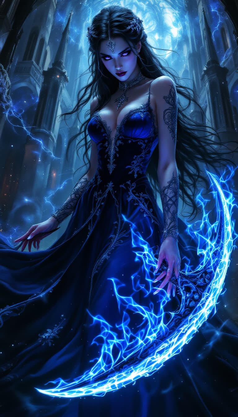 AI generated: Gothic Sorceress of the Sapphire Abyss: An ultra-realistic, full-body action shot of a mesmerizing g...