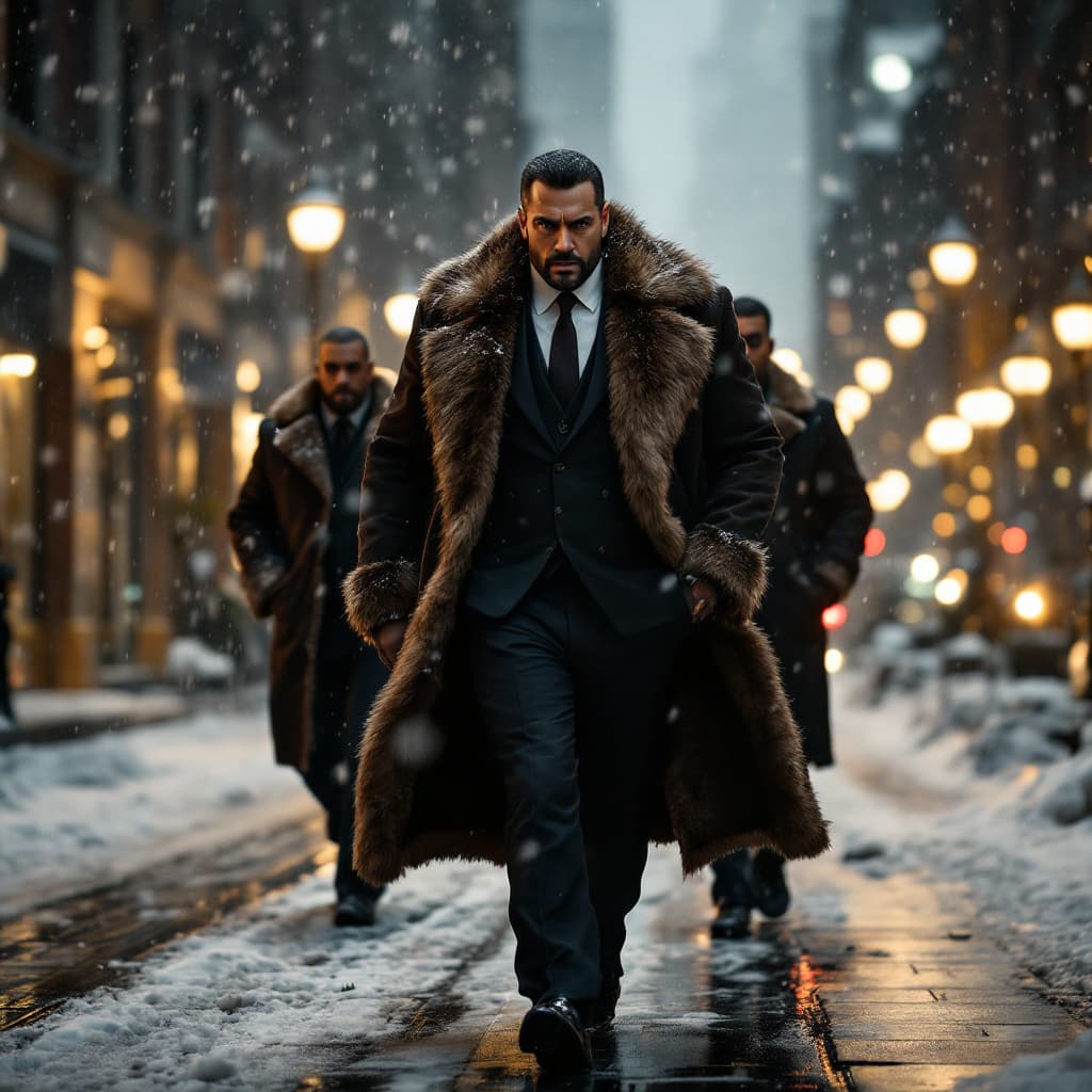 AI generated: A powerful businessman, draped in a luxurious fur-trimmed suit, strides confidently down a snow-cove...