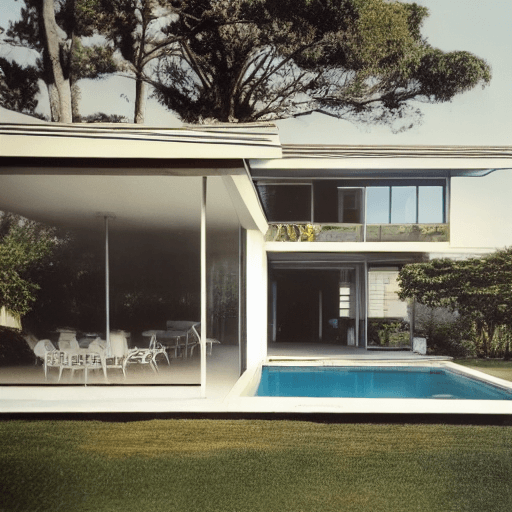AI generated: Hyper realistic eye level exterior photo of a mid century modern style house overlooking the ocean, ...