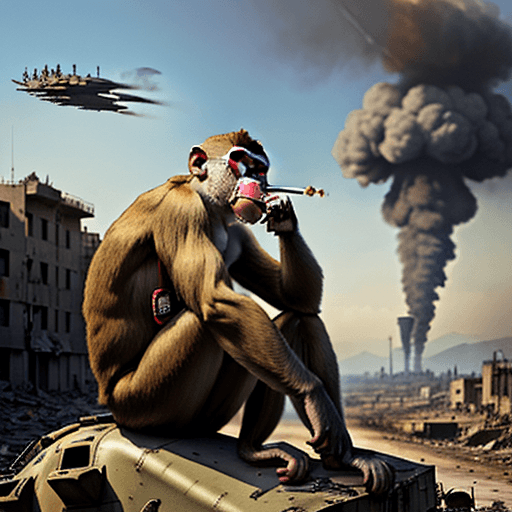 AI generated: hyperrealistic monkey smoking cigarettes during war, he is sittin on big bombs, in the background ta...