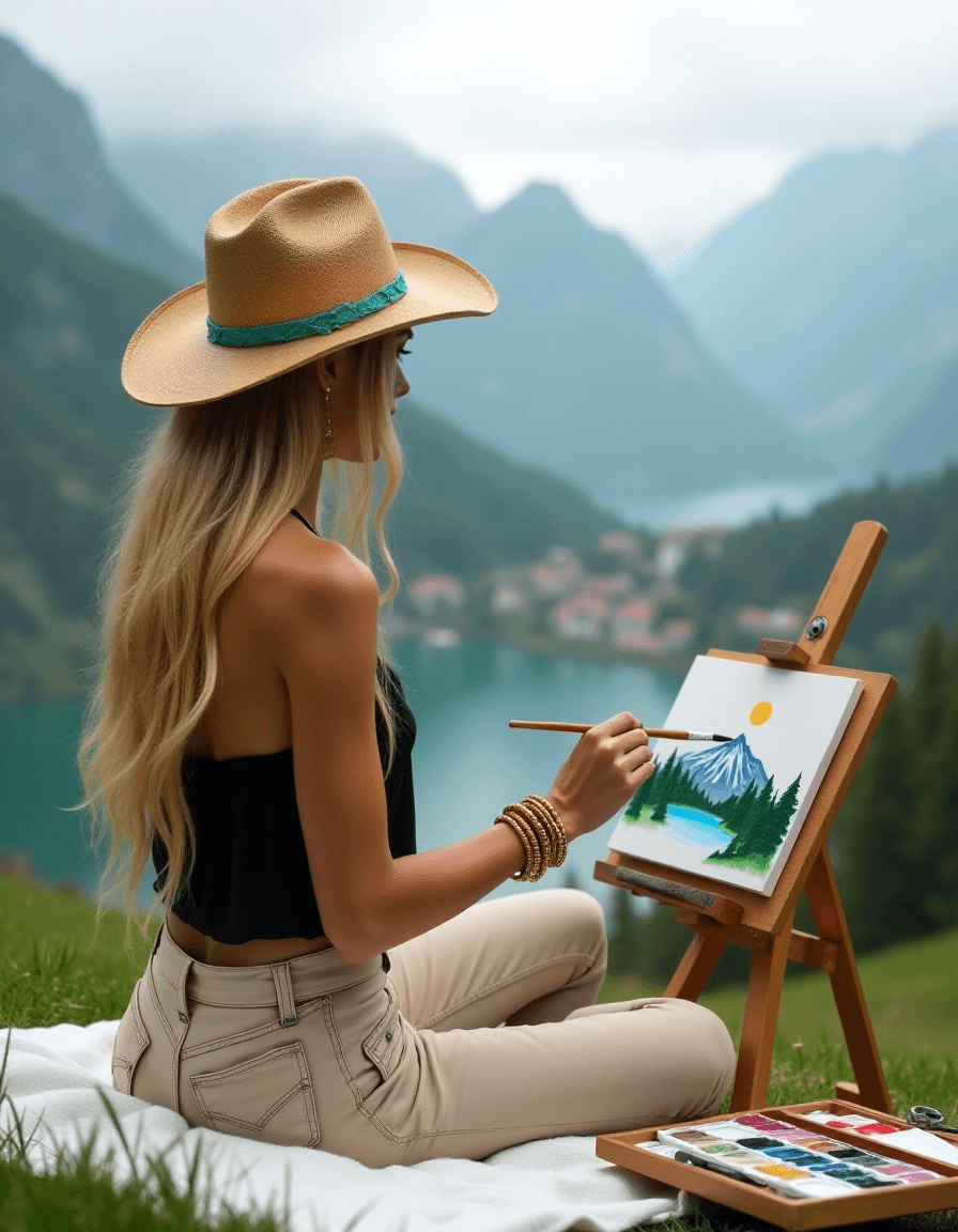 AI generated: (ultra-realistic:1.2) A beautiful young woman with long blonde hair and a boho-cowgirl vibe paints a...