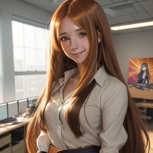 AI generated: A happy beautiful long straight light brown colored haired girl in an office, wearing a casual outfi...