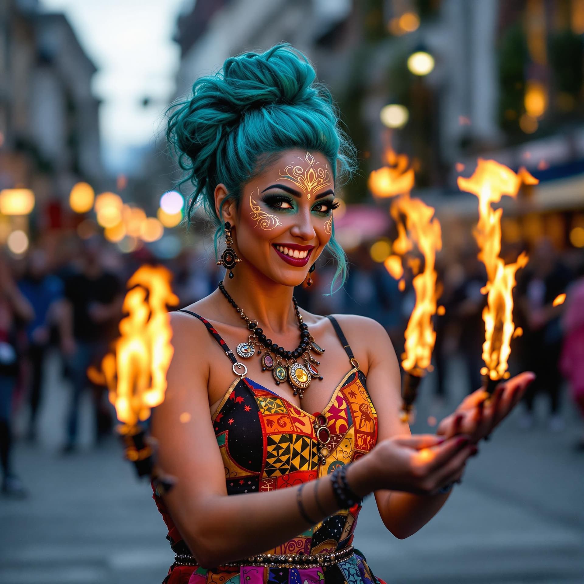 AI generated: A lively street performer in her early 30s captivates a small crowd in a bustling city square. She h...