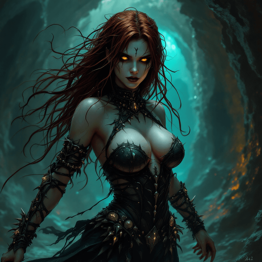AI generated: 42. The Abyssal Blade Weaver: A haunting and deadly warrior with long, dark auburn hair that seems t...