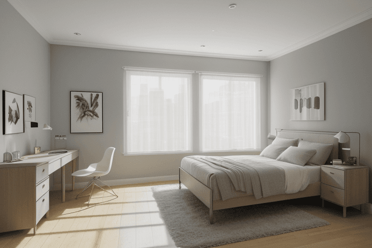 AI generated: interior design, modern bedroom, bedroom, modern, window, wide angle, wide angle, image, optical, ph...