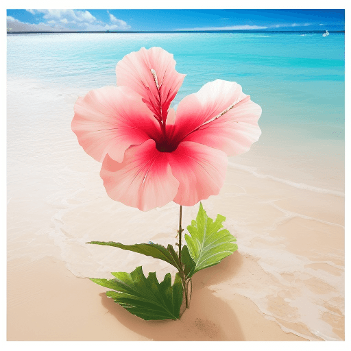 AI generated: primer plano flores de hibiscus, de día, en segundo plano playa transparente arena, nubes, sol brill...
