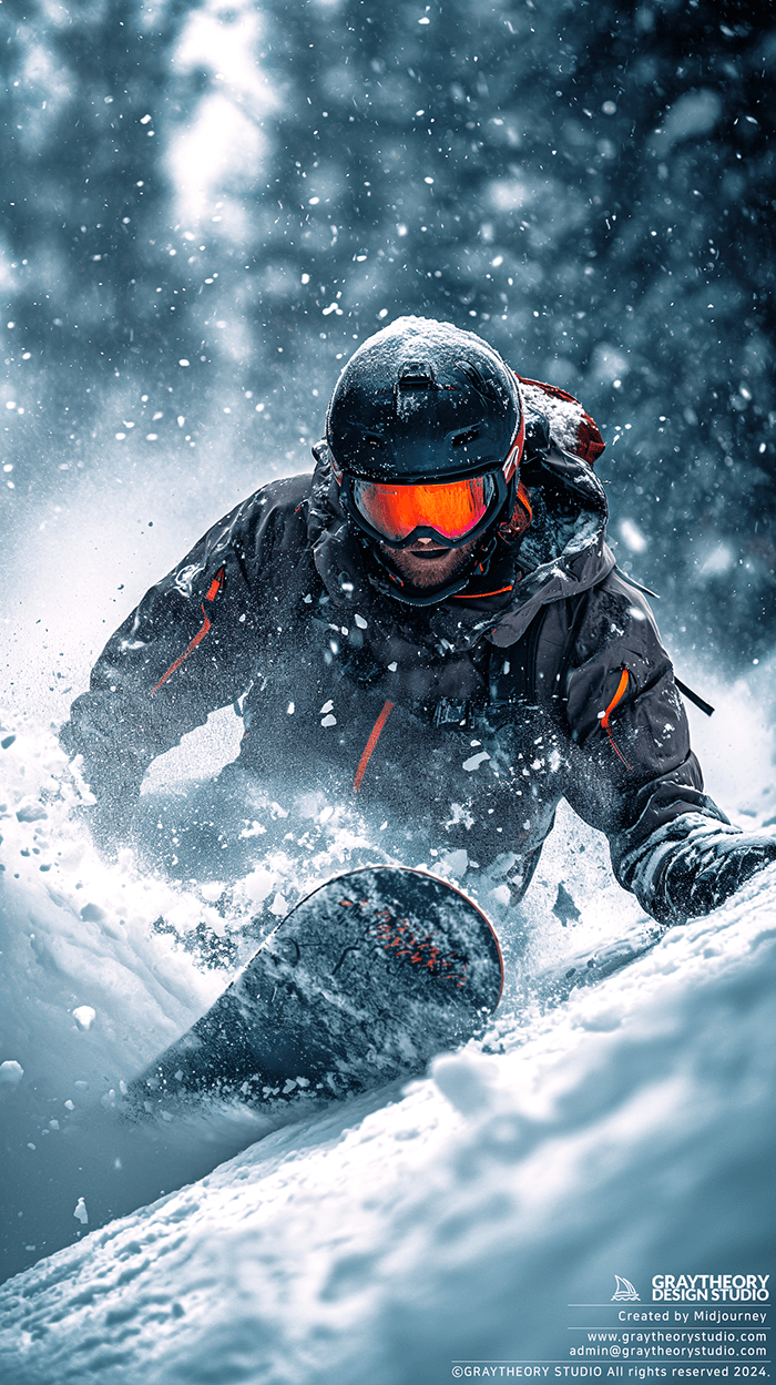 AI generated: action shooting, dynamic range, snow board riding with snowboarder