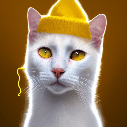 AI generated:  white cat, with a little bit of yellow hairs in the face, wearing a yellow sweter, wearing a mexica...