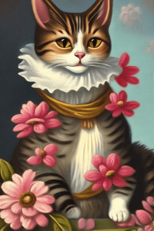 AI generated: Vintage oil painting style, a cat wearing 18th century style clothingm,flowers
