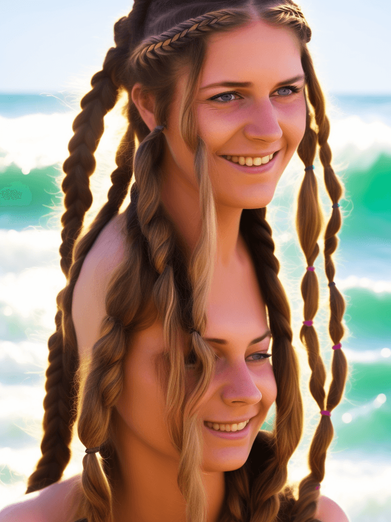 AI generated: A hippie woman with beautifully braided hair. naturally cute. portrait photo by the sea, dynamic pos...