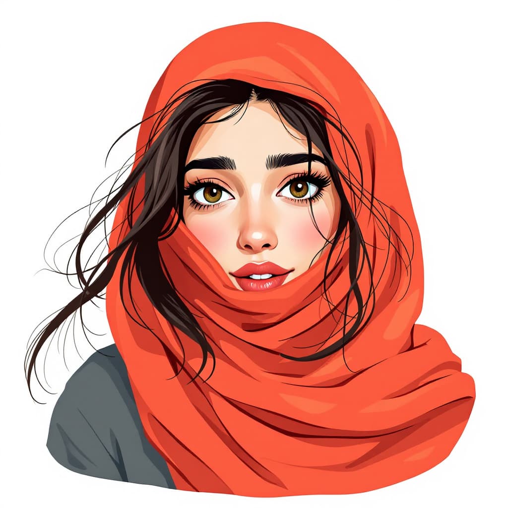 AI generated: illustration art, series of simple, colorful, Iranian woman, covered hair, a little hair are shown, ...