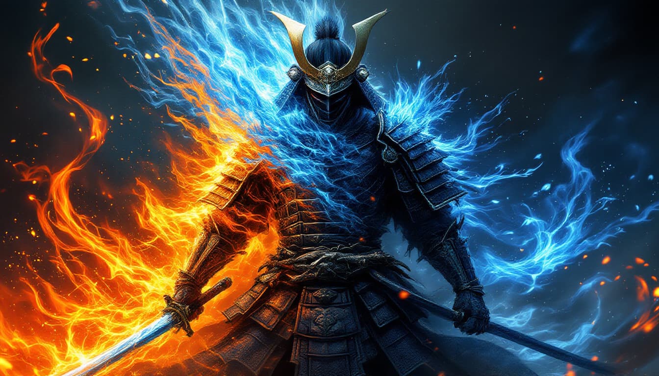 AI generated: Clad in intricately detailed armor, a fierce samurai stands poised for battle, exuding an aura of po...